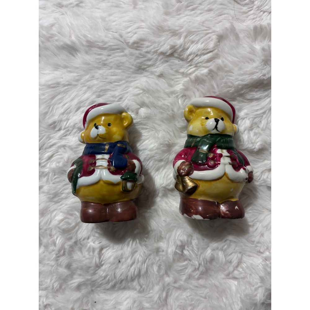Vintage Christmas Teddy Bear Salt and Pepper Shakers Ceramic Holiday Decor Set